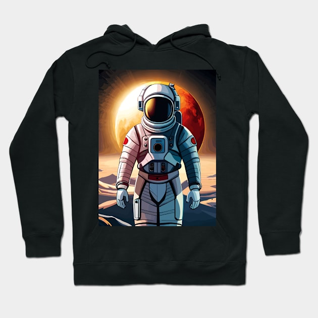 Spaceman astronaut with a red moon behind Hoodie by Artistic Heaven